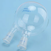 Top view of 2 neck flat bottom flask, 24/40 standard joints close-up