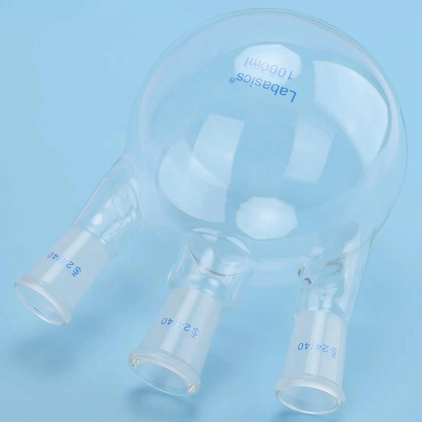 Top view of 3 neck flat bottom flask, 24/40 standard joints close-up