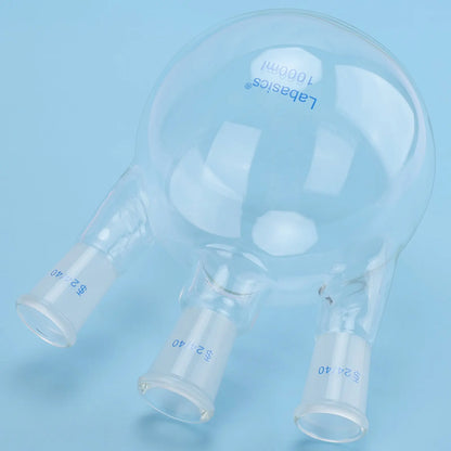 Top view of 3 neck flat bottom flask, 24/40 standard joints close-up