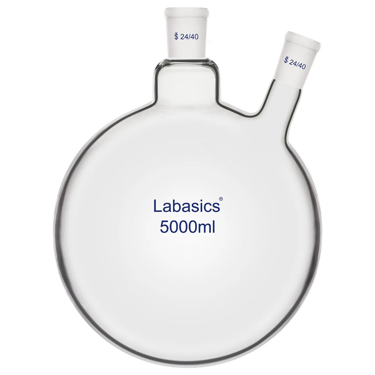 2 neck round bottom flask, 5000 mL (5 L), borosilicate glass, 24/40 joints, large capacity for industrial-scale laboratory reactions