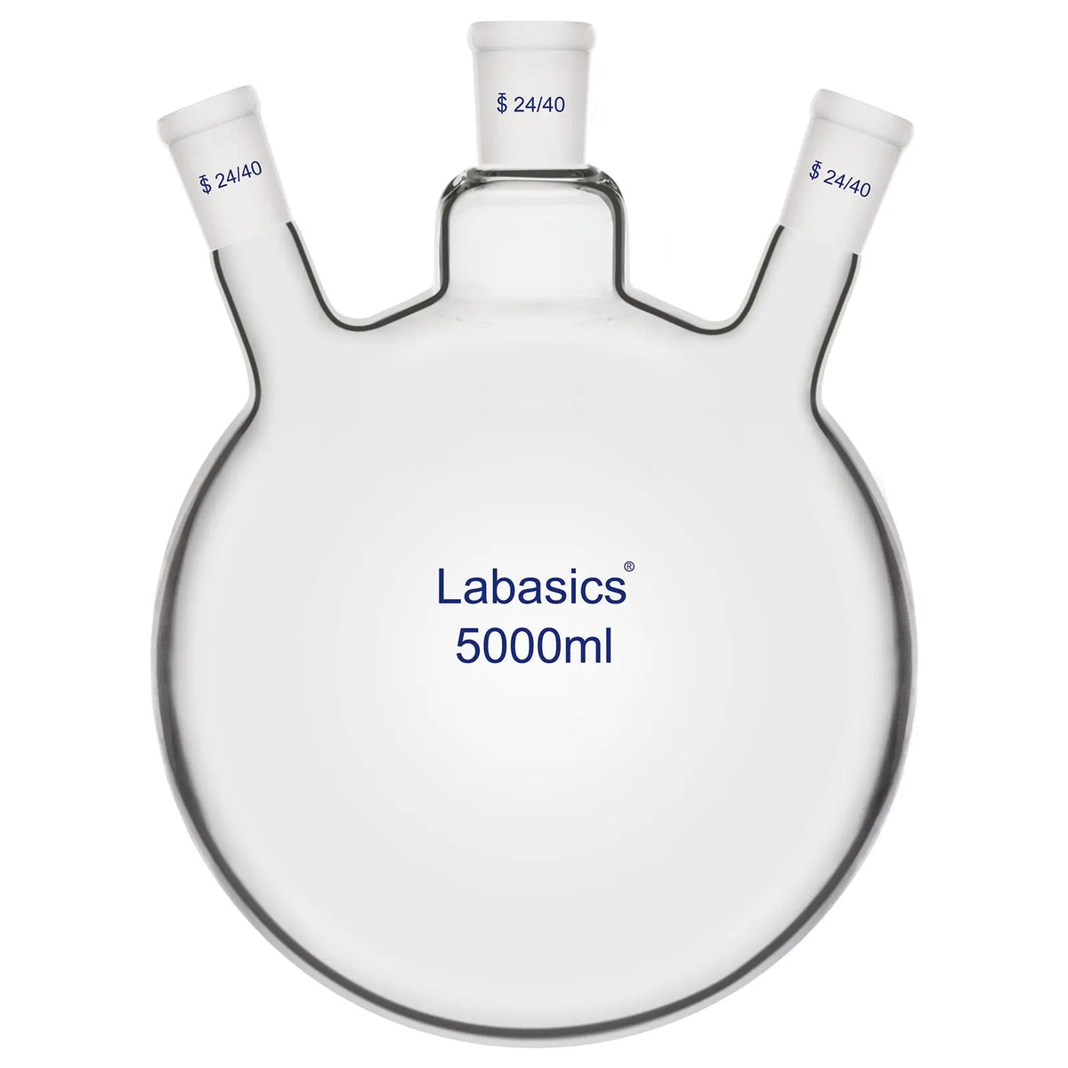 3 neck round bottom flask, 5000 mL (5 L), borosilicate glass, multi-neck structure, suitable for large-scale distillation and synthesis
