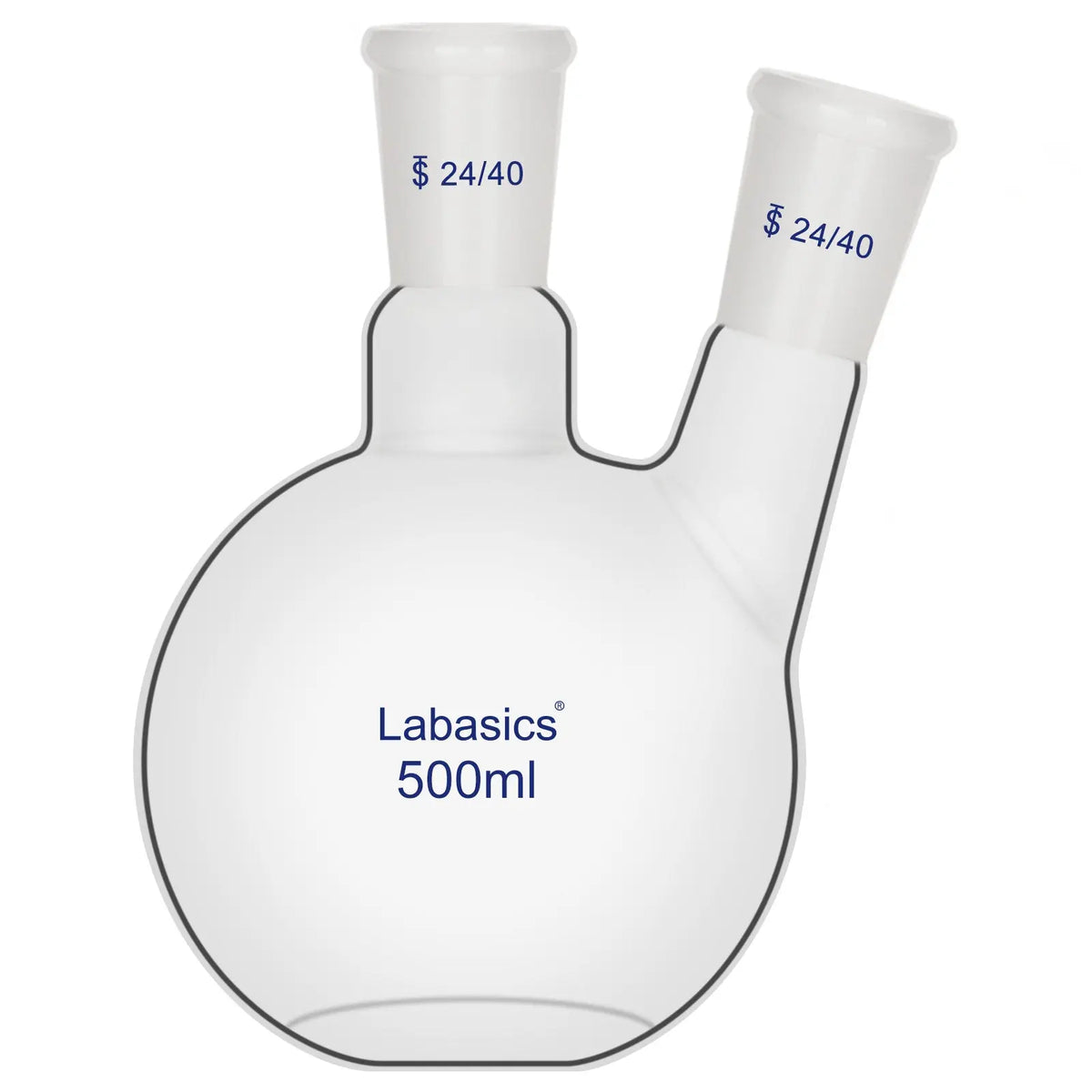 Flat bottom flask, 500 mL, 2 neck, borosilicate glass, 24/40 joints, used for reflux and distillation in laboratory work
