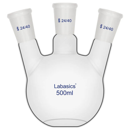 3 neck flat bottom flask 500 ml, durable borosilicate glass with flat base