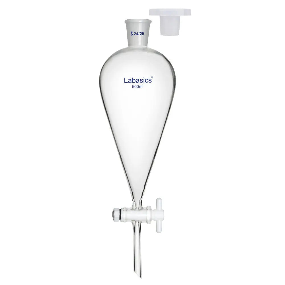 Separatory funnel, 500 mL, 24/29 joint, conical glass body, PTFE stopcock for laboratory extraction processes