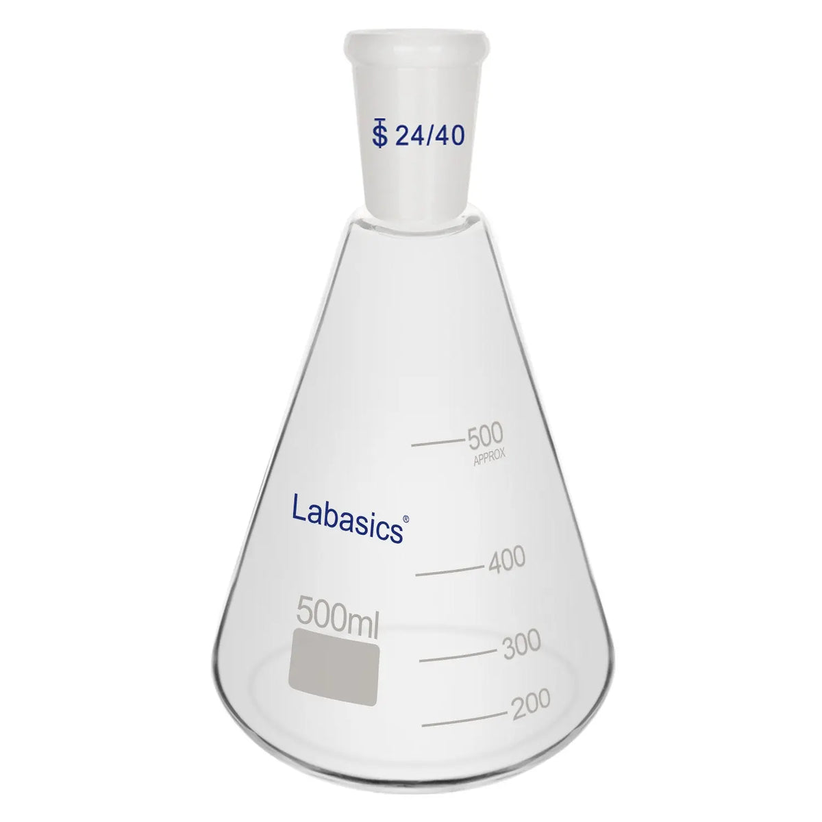 Erlenmeyer flask with 24/40 joint, 500 mL, borosilicate glass, conical shape, suitable for chemical mixing and solution preparation