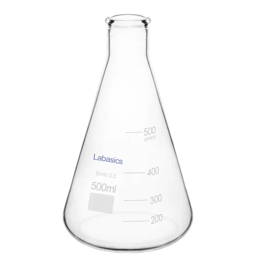 Narrow mouth Erlenmeyer flask, 500 mL capacity, borosilicate glass construction, suitable for chemical mixing, heating, and storage