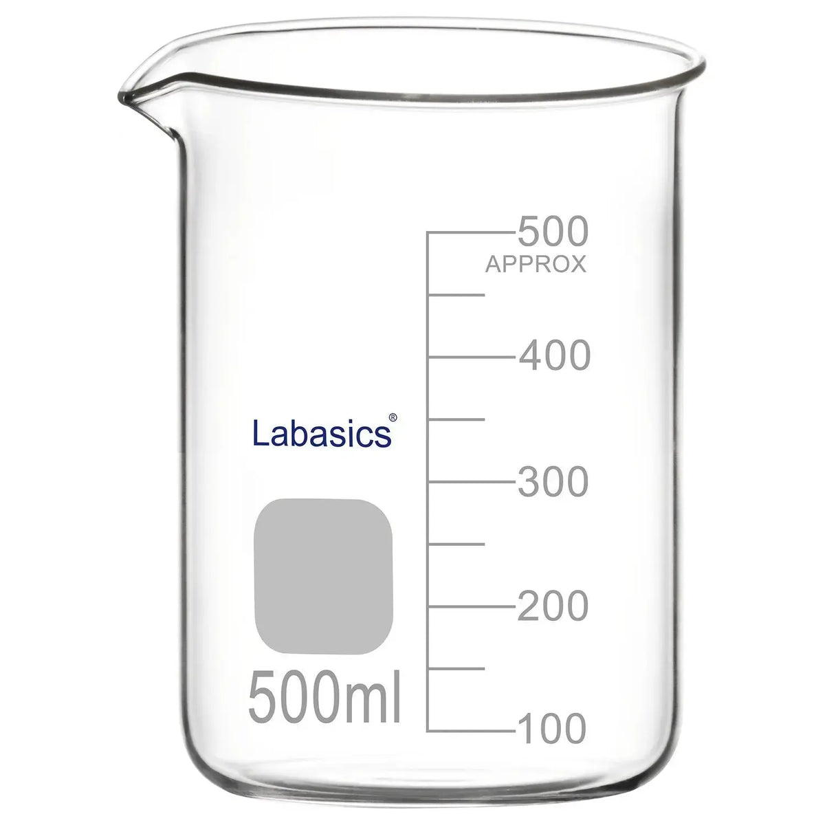 Laboratory 500 ml glass beaker with spout, low-form Griffin style, for chemical experiments