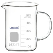 Borosilicate lab beaker with graduated scale, handle, and spout, 500 ml, for mixing and pouring liquids