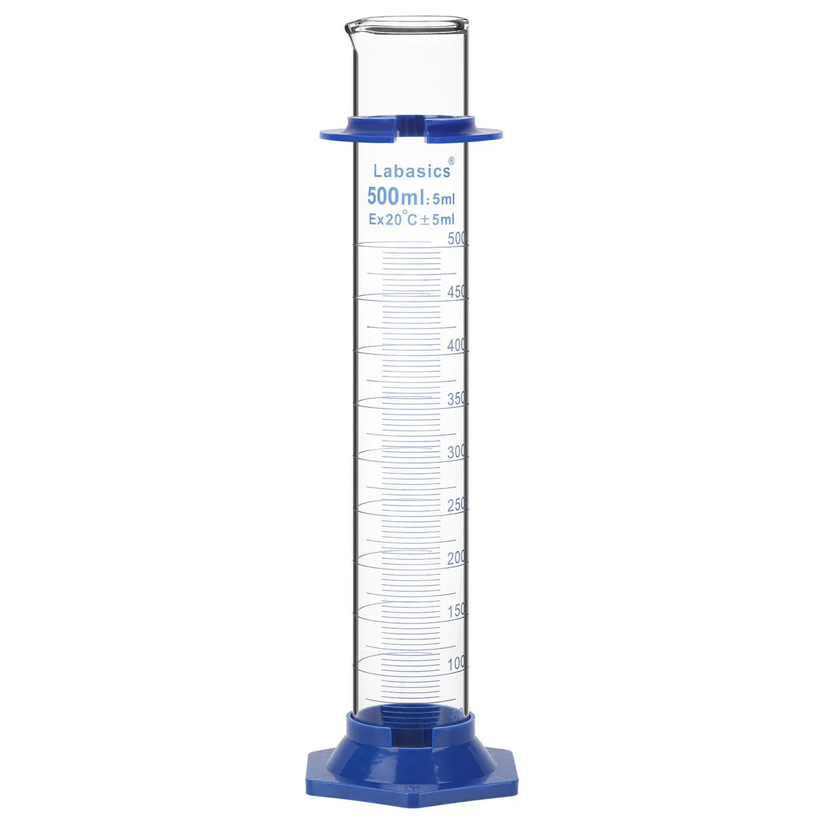 500 mL glass graduated cylinder with 5 mL graduations and wide hexagonal base designed for large volume laboratory measurement