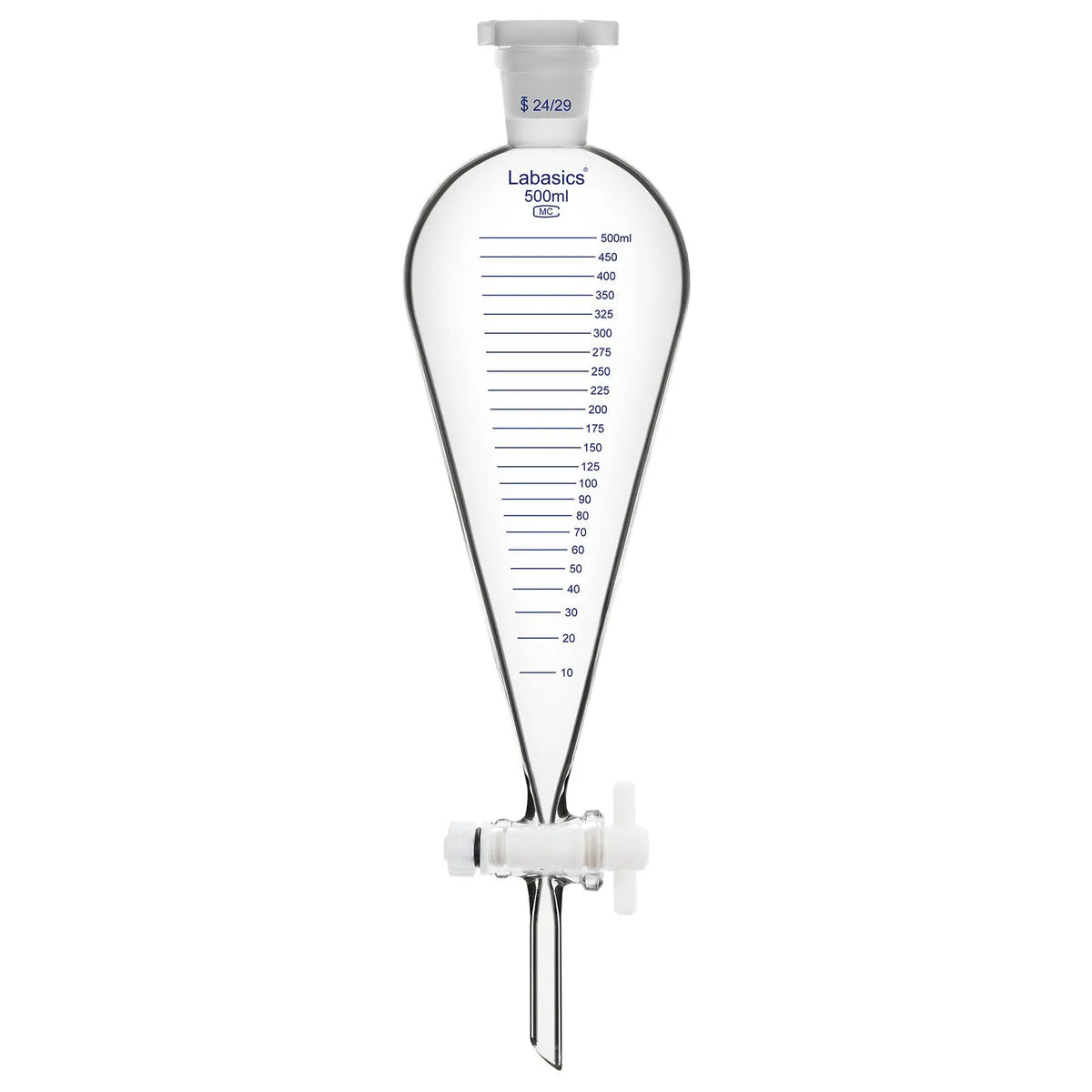 500 mL graduated conical separatory funnel used for standard liquid-liquid separation and laboratory extraction procedures