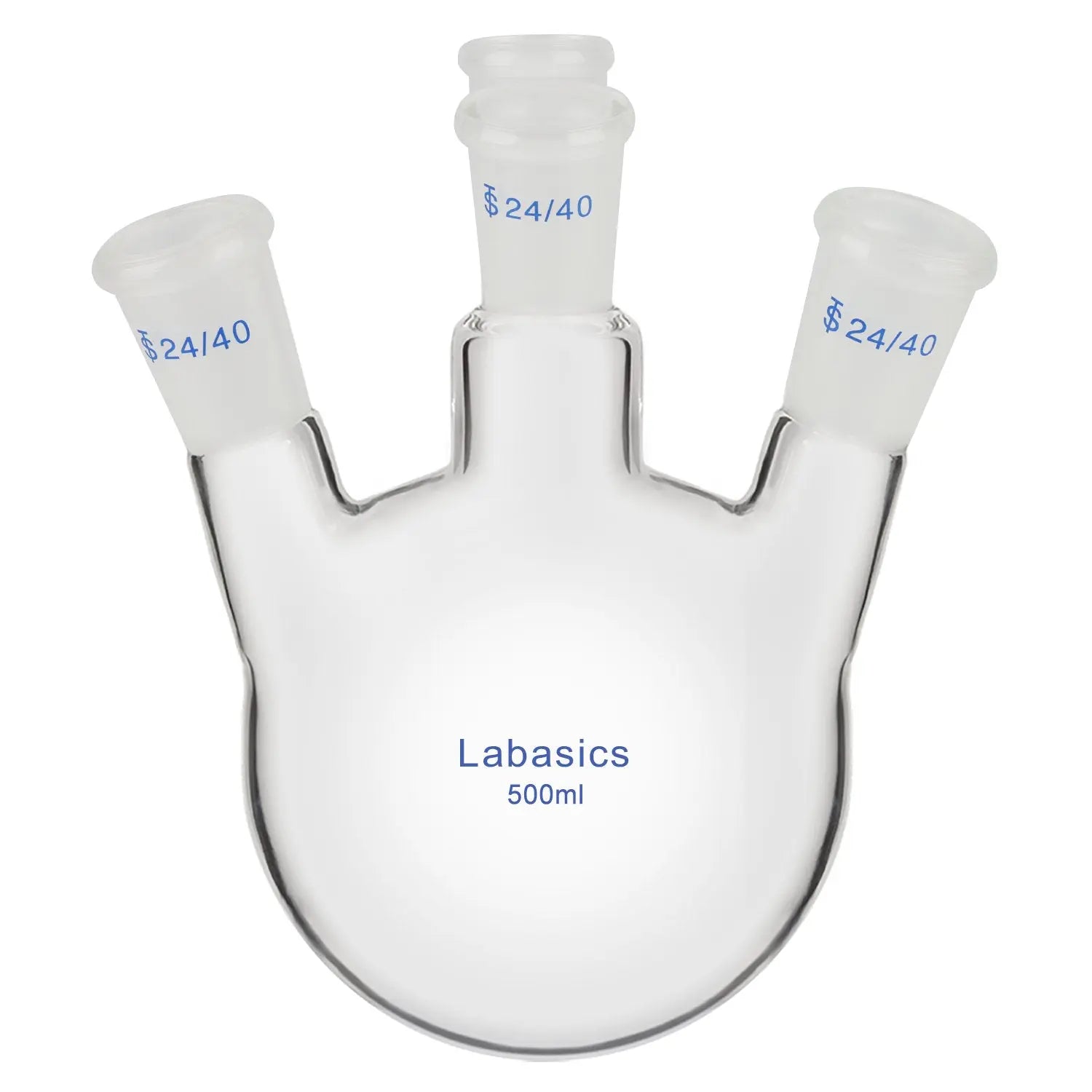 500 ml 4-neck angled round bottom flask, high-quality borosilicate glass, 24/40 joints, smooth bubble-free surface, lab-scale chemical reactions