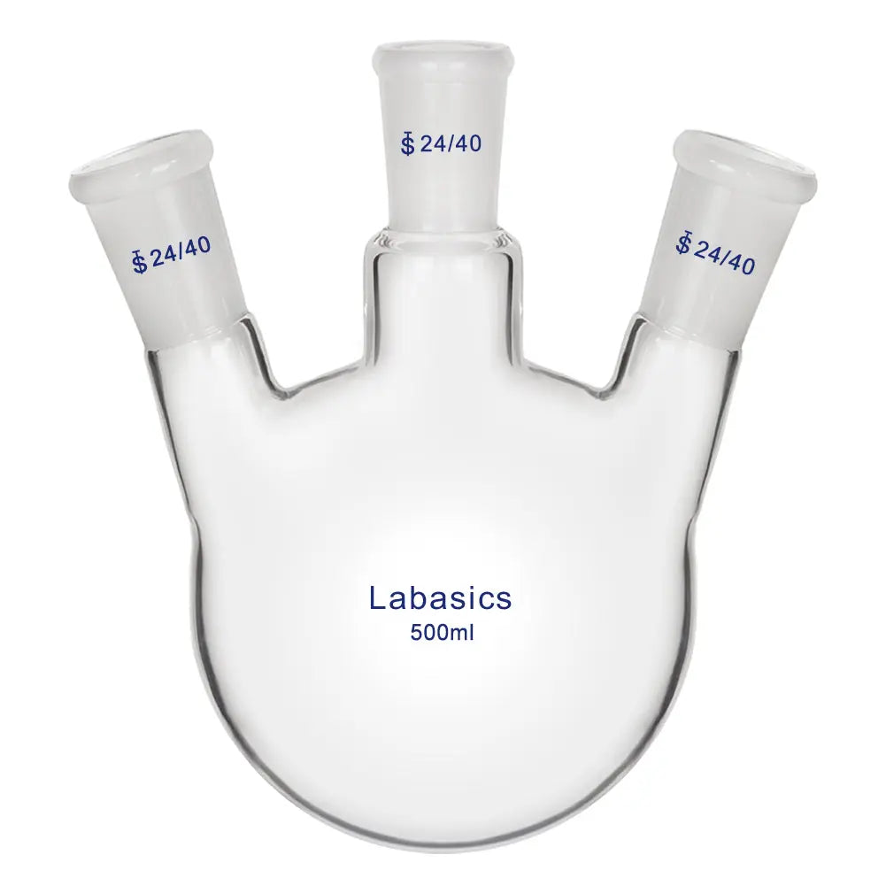 3 neck round bottom flask, 500 mL, borosilicate glass, 24/40 joints, suitable for distillation and multi-connection laboratory systems