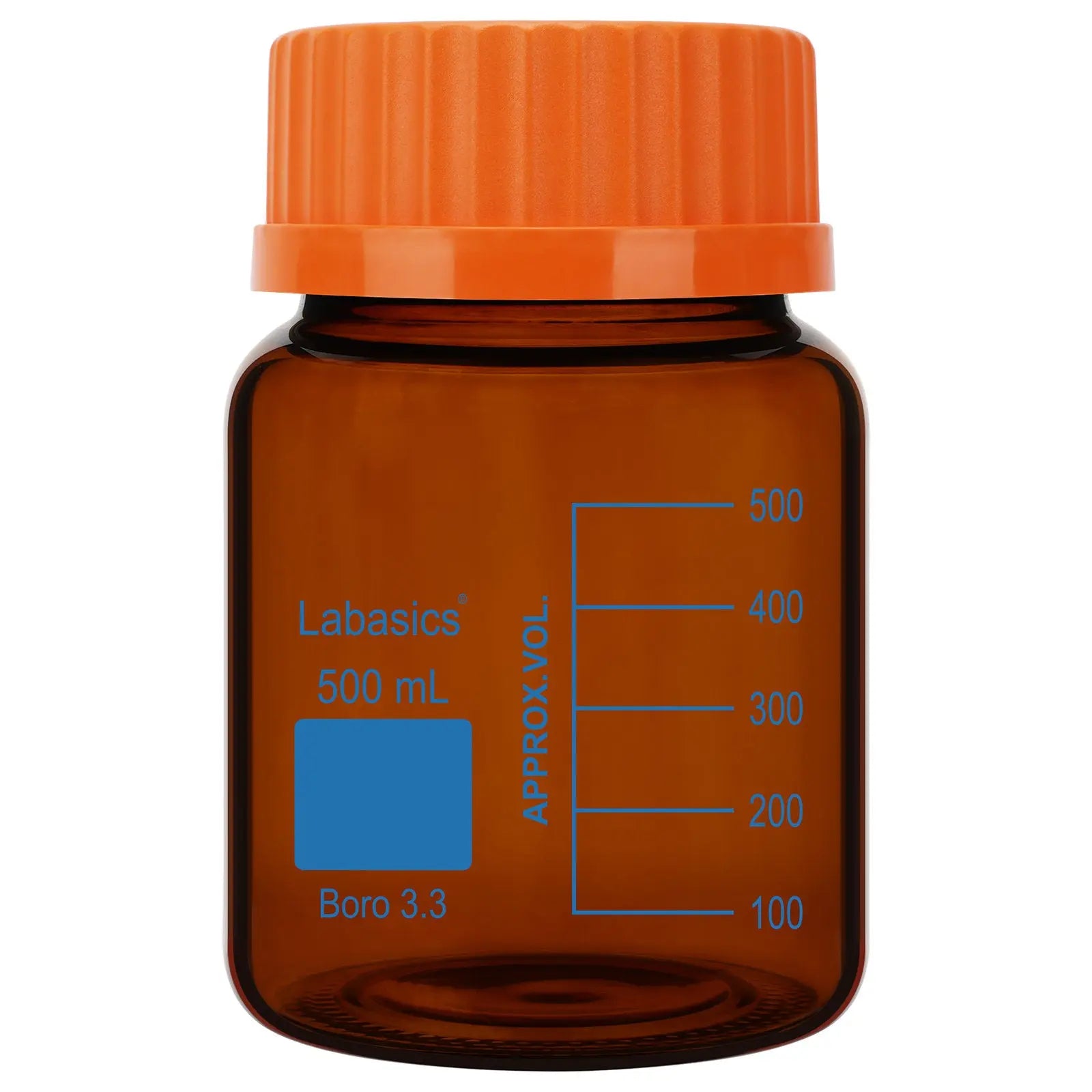 Amber Borosilicate Glass Media Storage Bottle with GL80 Orange Screw Cap, 500 mL