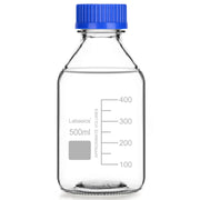 Media storage bottle, 500 mL, clear soda-lime glass, GL45 screw cap, leak-resistant seal, with measurement markings for lab liquids
