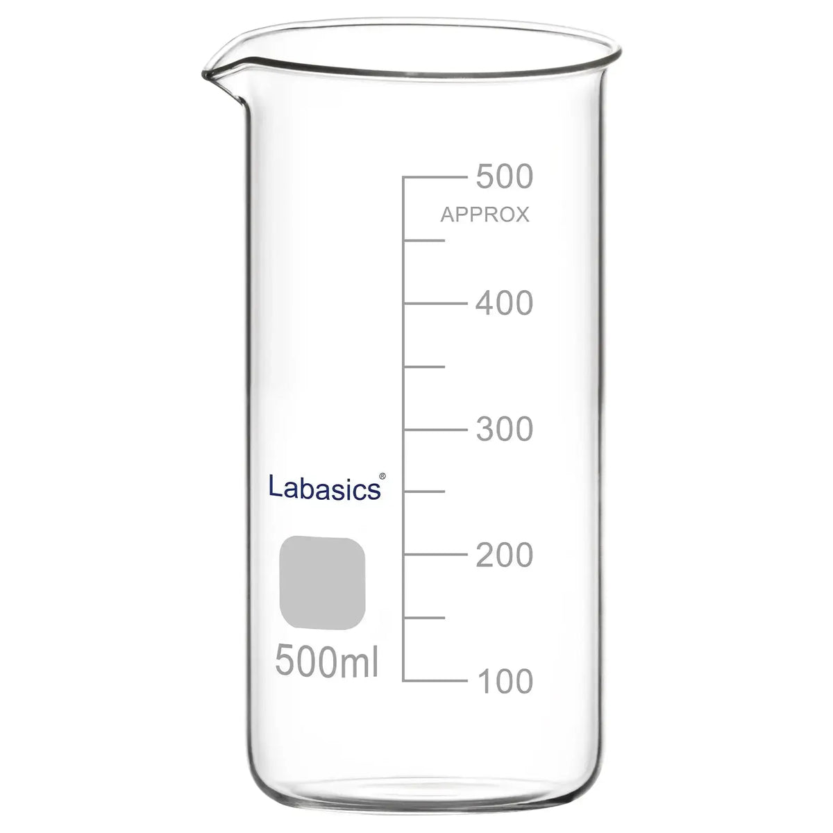 Large 500 ml tall glass beaker with spout, low-expansion borosilicate, ideal for laboratory use