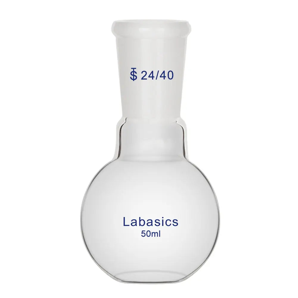 Flat bottom flask, 50 mL, 24/40 joint, borosilicate glass, stable base design for small-scale laboratory reactions