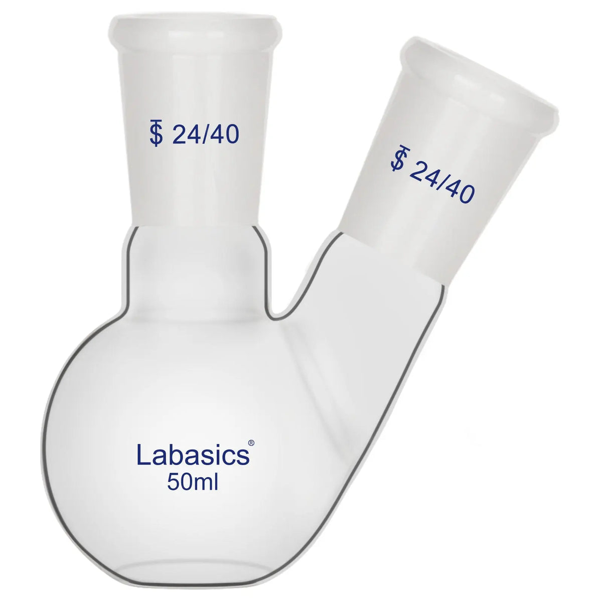 2 neck flat bottom flask, 50 mL, 24/40 joints, borosilicate glass, stable base for small-scale synthesis and reaction use