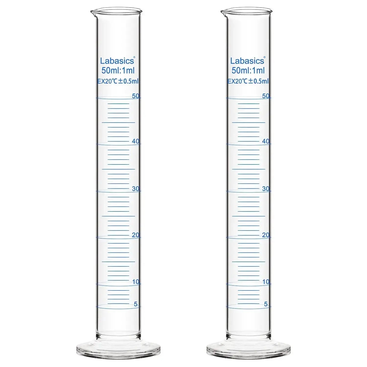 Graduated cylinder, 50 mL capacity, borosilicate glass, clear measurement markings, for precise liquid volume reading; 2-pack