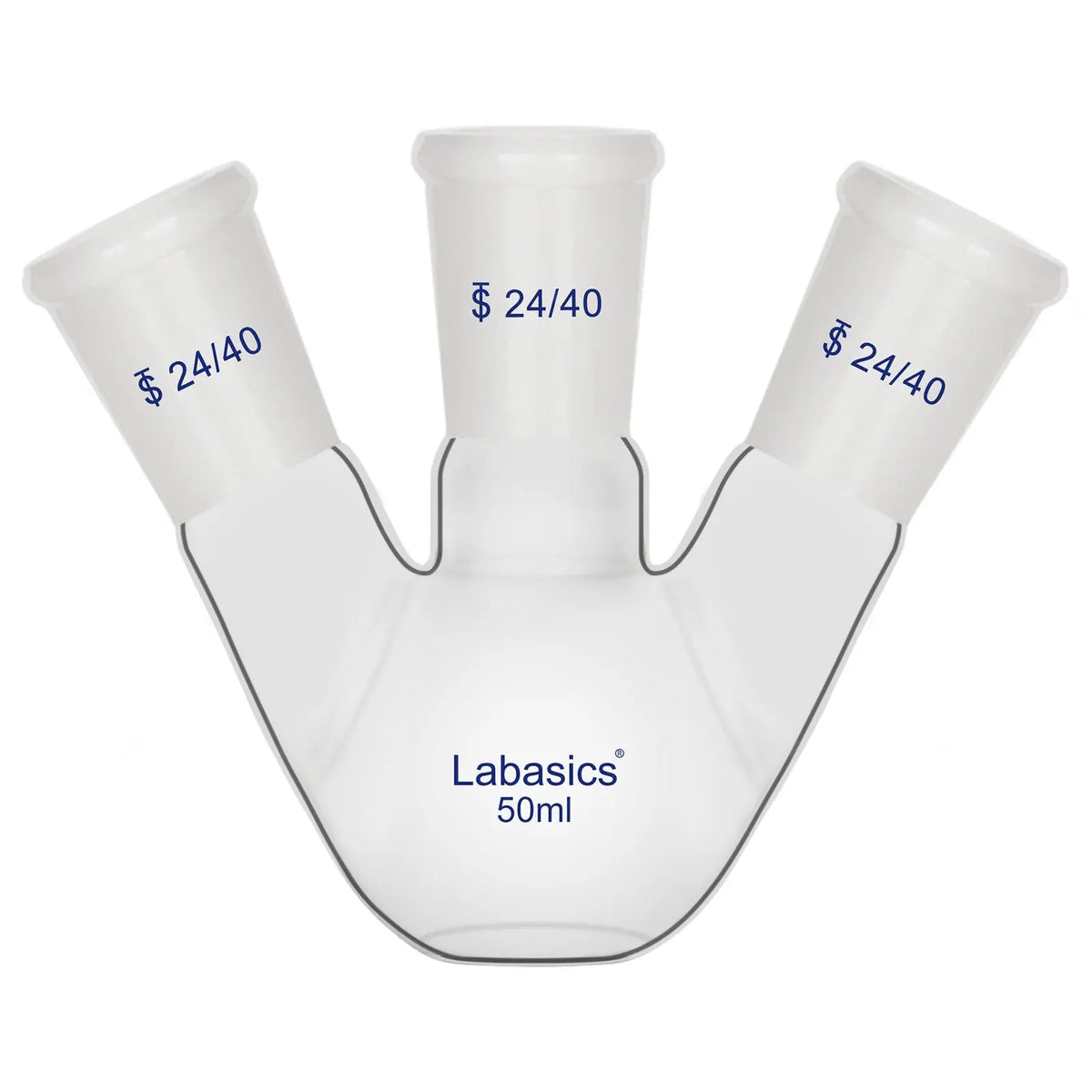 3-neck flat bottom flask, 50 mL, borosilicate glass, 24/40 joints, compact design for small-scale synthesis and reaction experiments