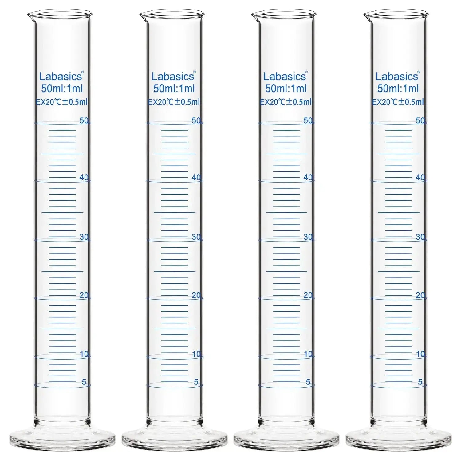 Graduated cylinder, 50 mL capacity, borosilicate glass, clear measurement markings, for precise liquid volume reading; 4-pack