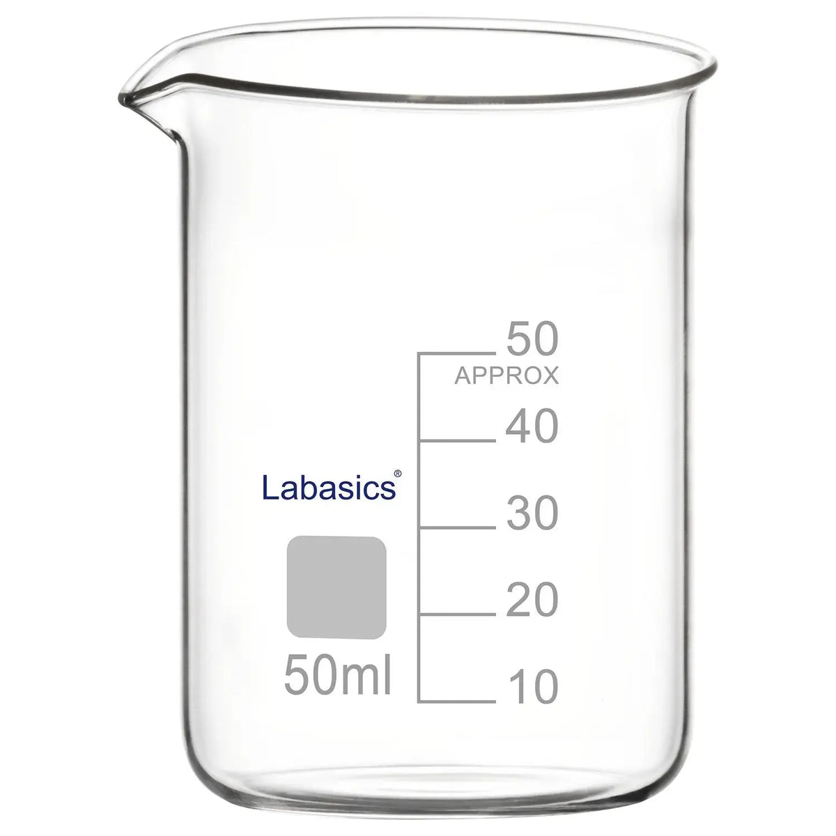 Borosilicate glass beaker with pouring spout, 50 ml, for lab heating and liquid handling