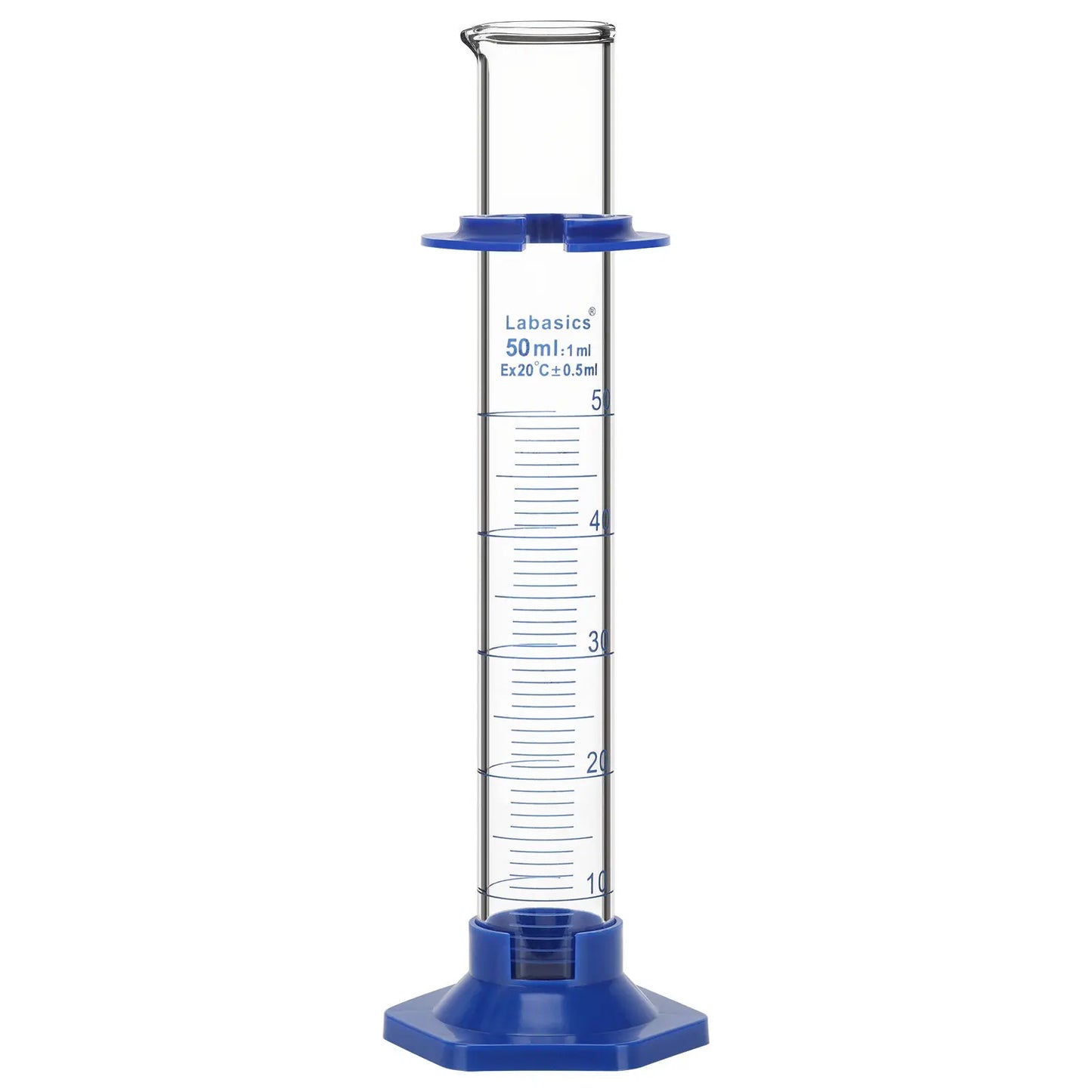 Labasics 50 mL graduated cylinder with 1 mL graduation marks and protective bath sleeve for laboratory measurement