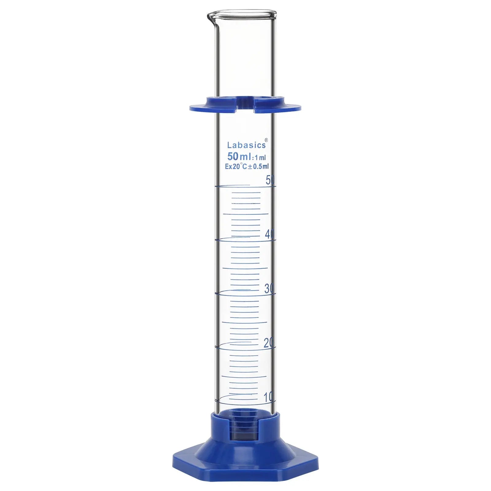 Labasics 50 mL graduated cylinder with 1 mL graduation marks and protective bath sleeve for laboratory measurement