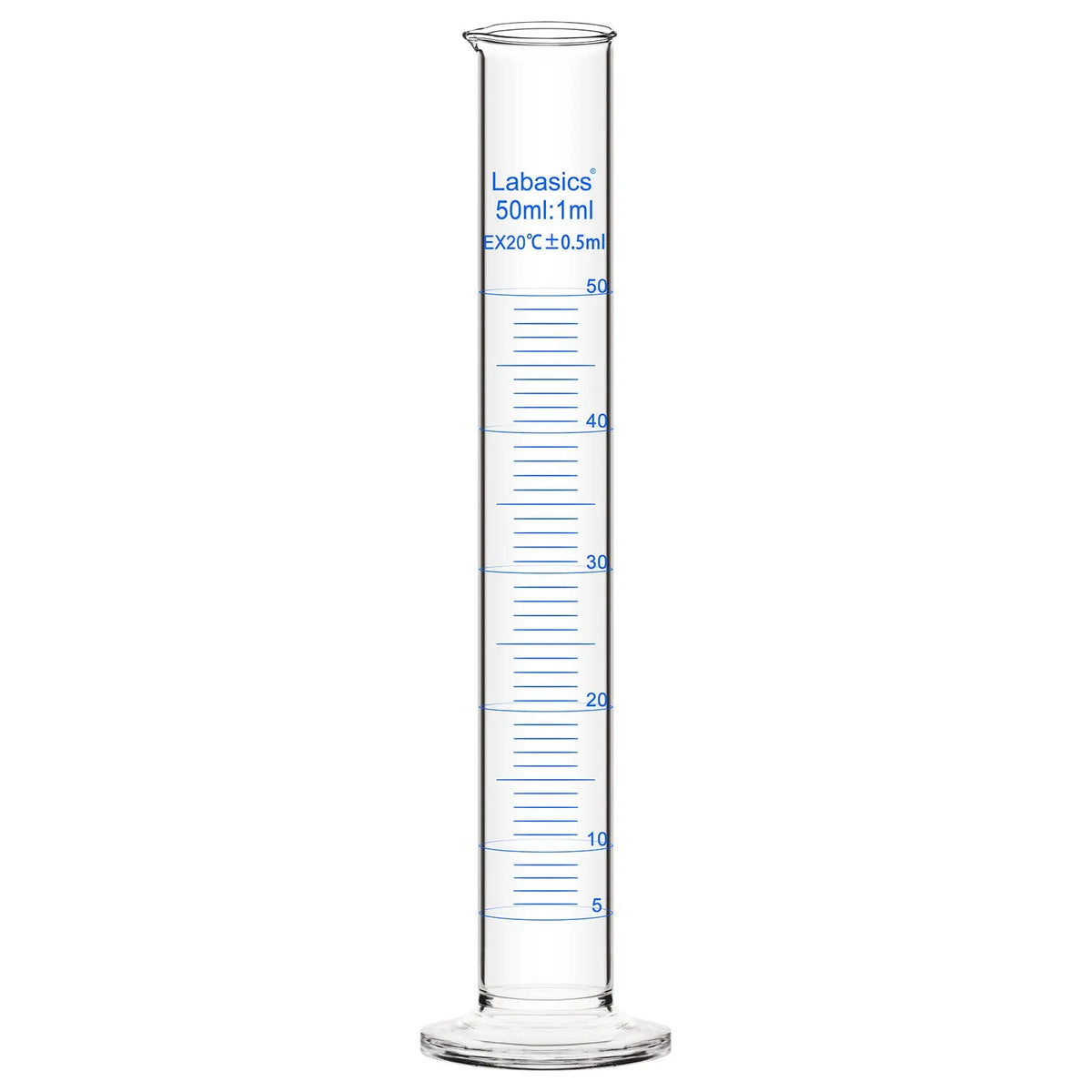 Graduated cylinder, 50 mL capacity, borosilicate glass, clear measurement markings, for precise liquid volume reading