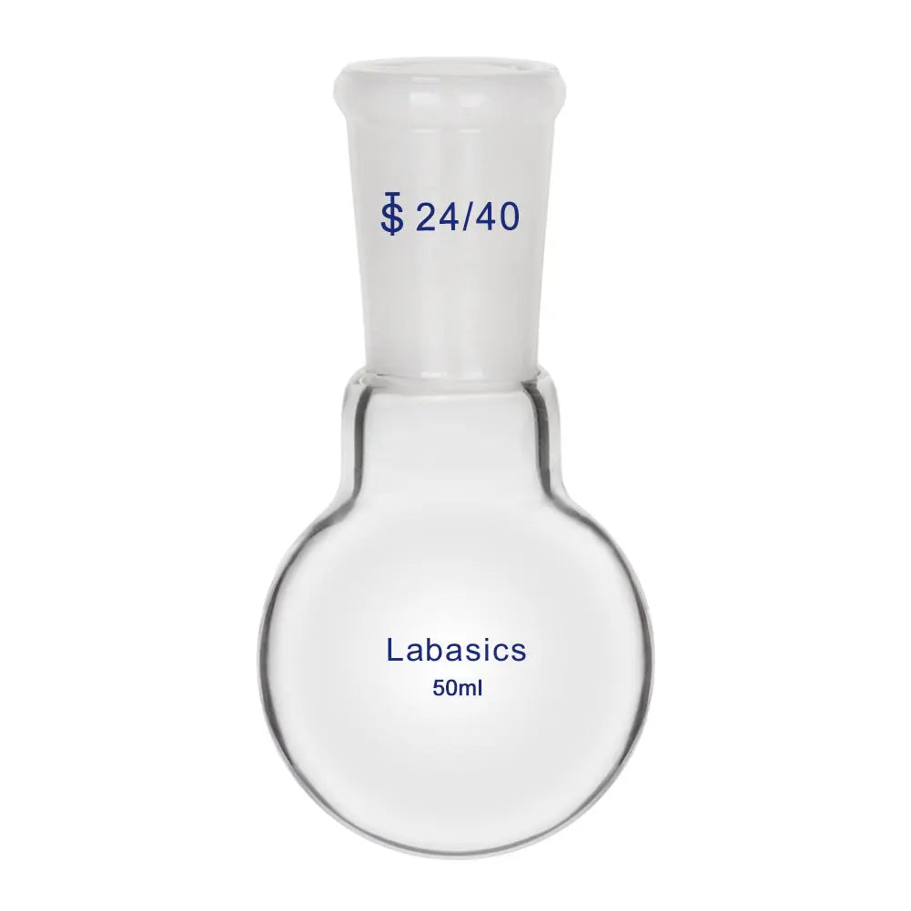 1 neck round bottom flask, 50 mL, 24/40 joint, borosilicate glass, compact size for heating and small-scale lab reactions