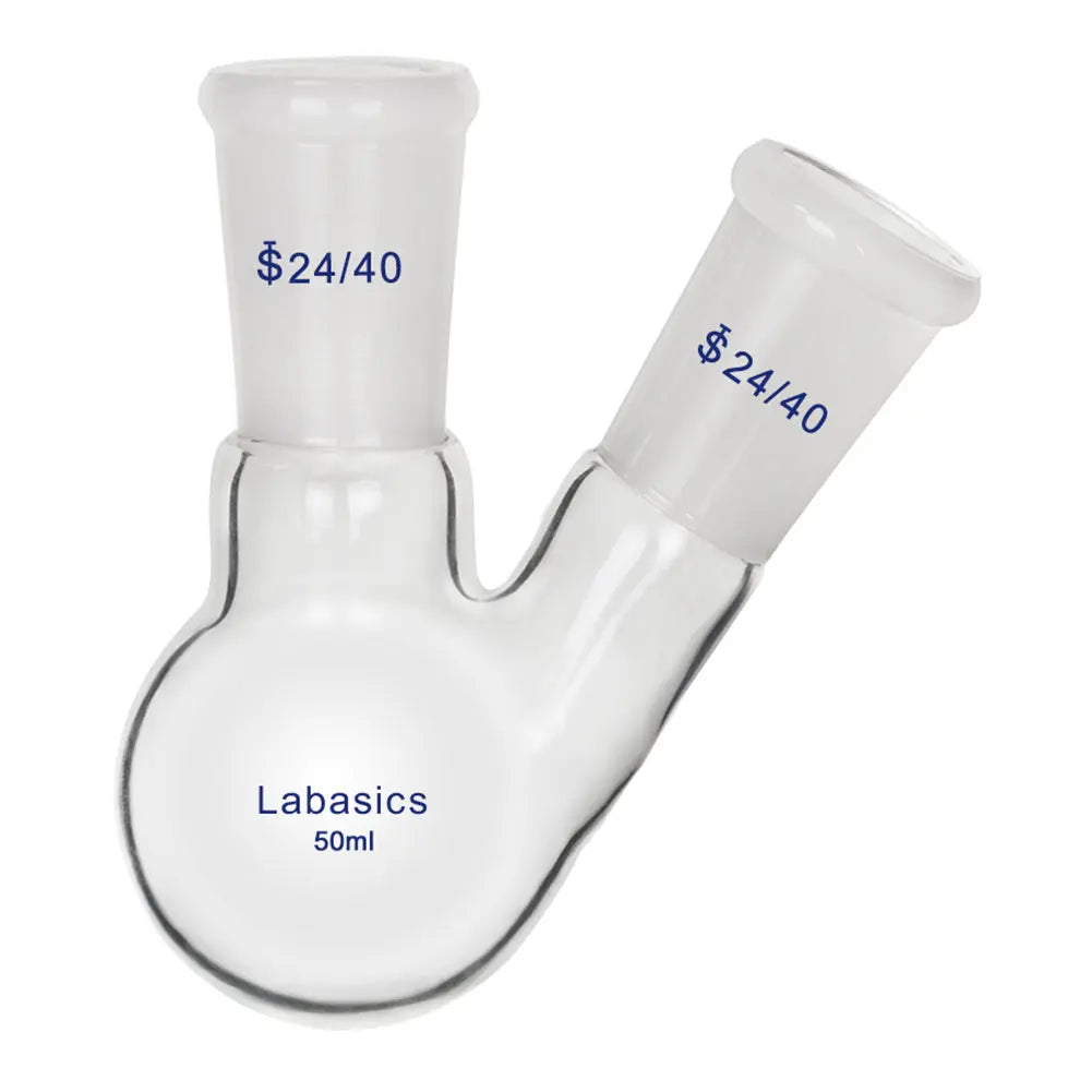 2 neck round bottom flask, 50 mL, 24/40 joints, borosilicate glass, compact dual-neck design for small-scale laboratory reactions