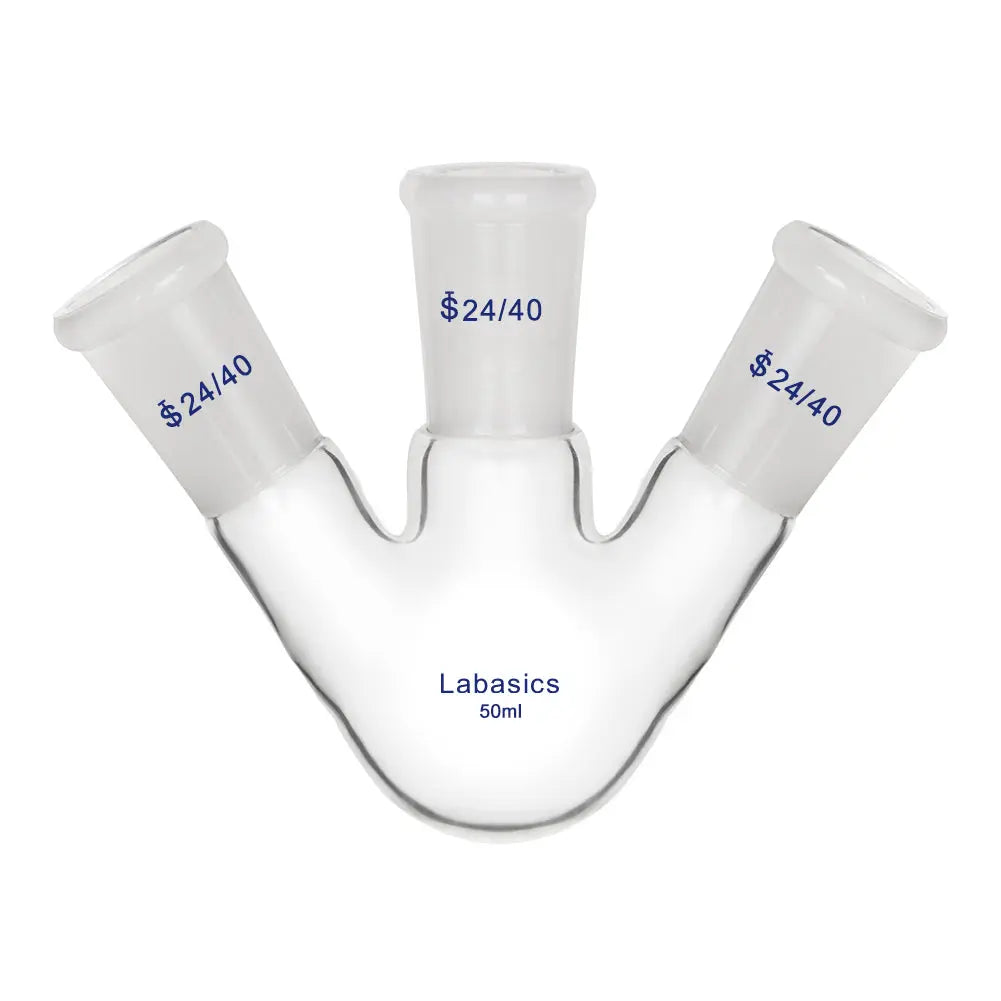 3 neck round bottom flask, 50 mL, 24/40 joints, borosilicate glass, compact multi-neck design for small-scale laboratory reactions