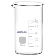 50 ml tall borosilicate glass beaker with pouring spout, suitable for lab liquid handling