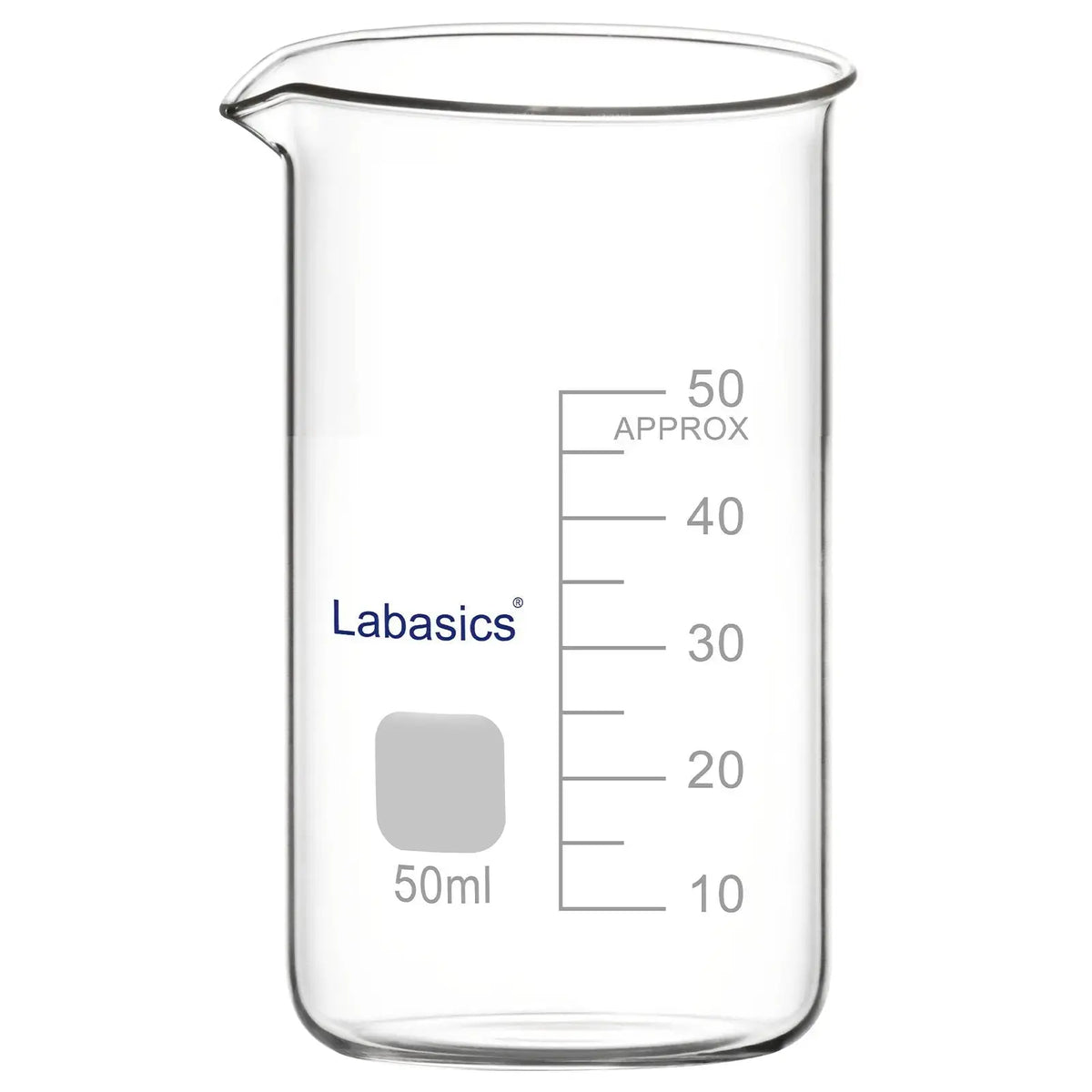 50 ml tall borosilicate glass beaker with pouring spout, suitable for lab liquid handling