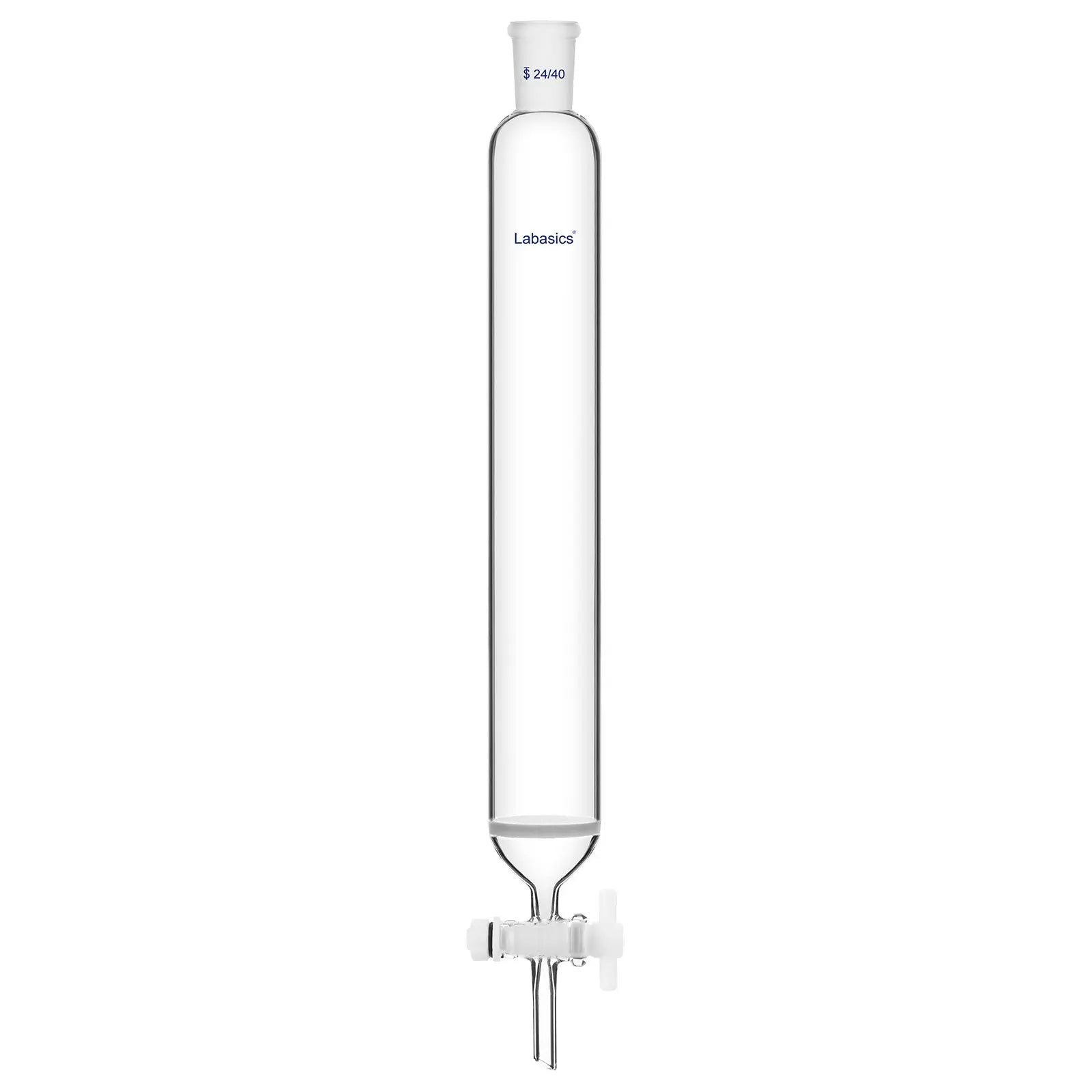Glass chromatography column, 50 mm inner diameter, durable borosilicate glass, sintered disc, PTFE stopcock, standard 24/40 joint, max 250°C for chemical separation