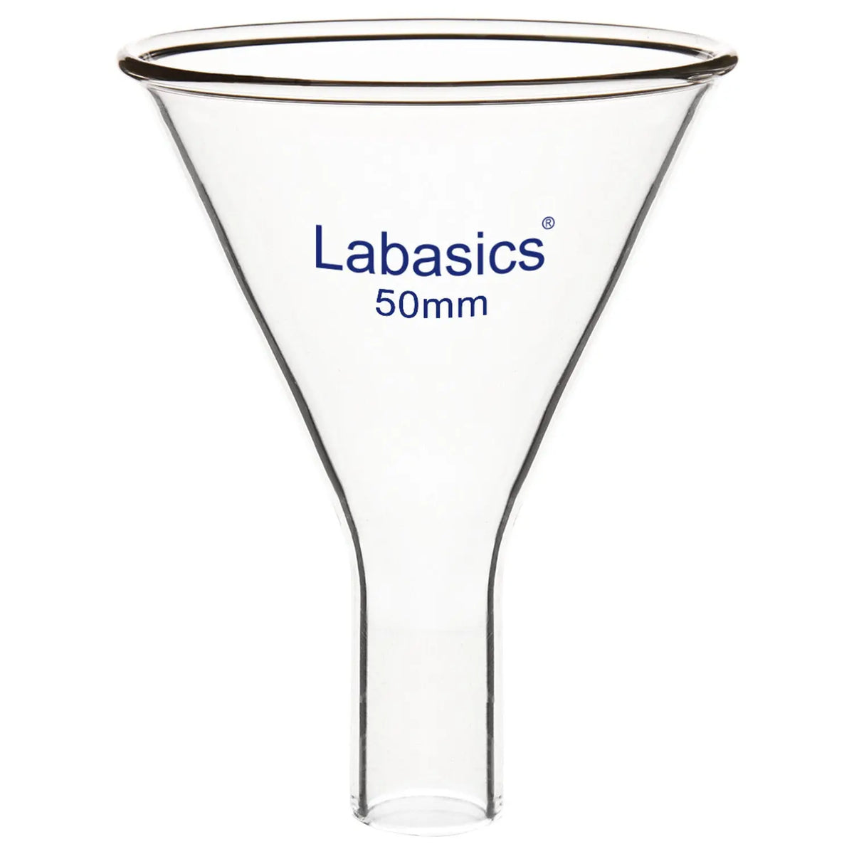 Glass powder funnel, 50 mm top diameter, borosilicate glass, short stem 22 mm, for clean transfer of laboratory powders