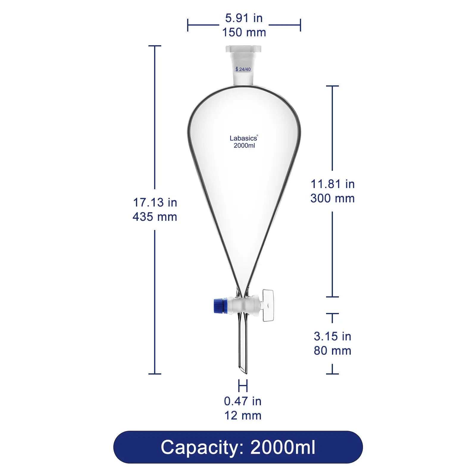 Conical Separatory Funnel with Glass Stopcock and 24/40 Plastic Joint Stopper, 60 – 1000 mL Labasics shop