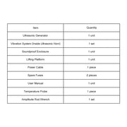 Packing list showing included accessories and components of Intelligent Ultrasonic Homogenizer