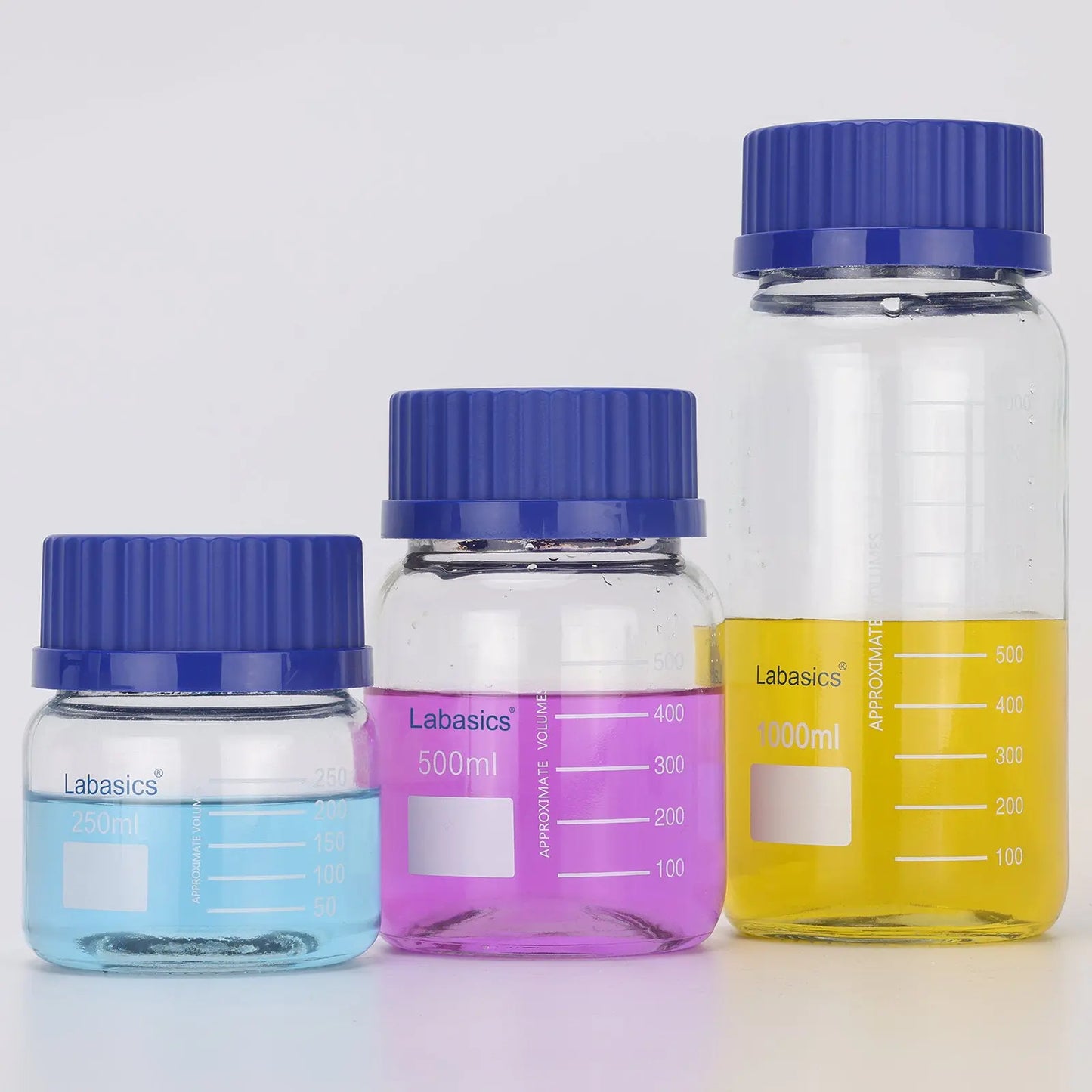 Transparent Media Storage Bottles with GL80 Blue Screw Cap, Soda-Lime Glass, 250-1000 mL Labasics