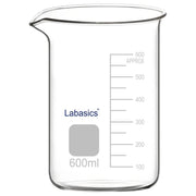 A 600 mL borosilicate glass beaker with a pouring spout and clear graduation markings, suitable for larger volume mixing, heating, and general laboratory processing.