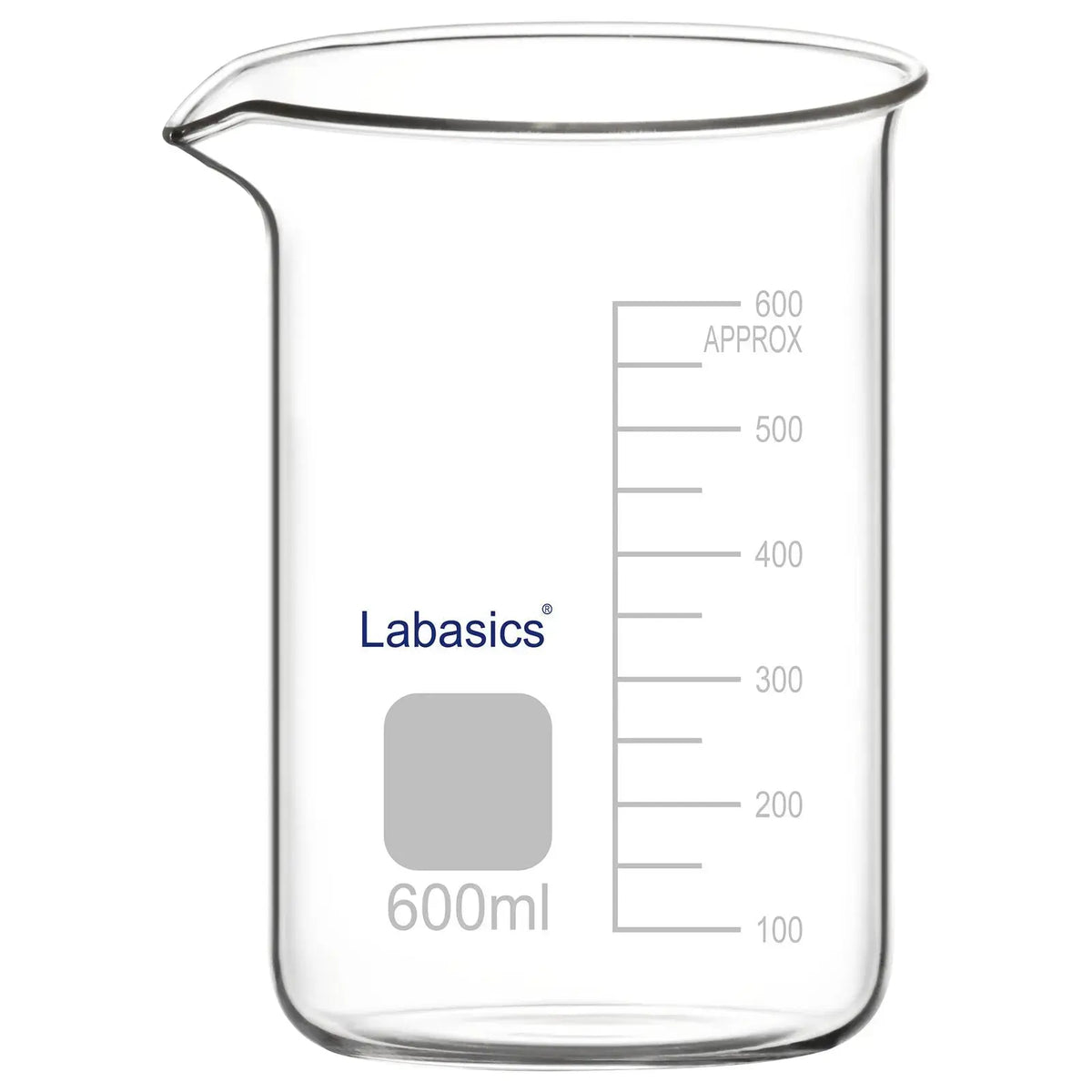 A 600 mL borosilicate glass beaker with a pouring spout and clear graduation markings, suitable for larger volume mixing, heating, and general laboratory processing.