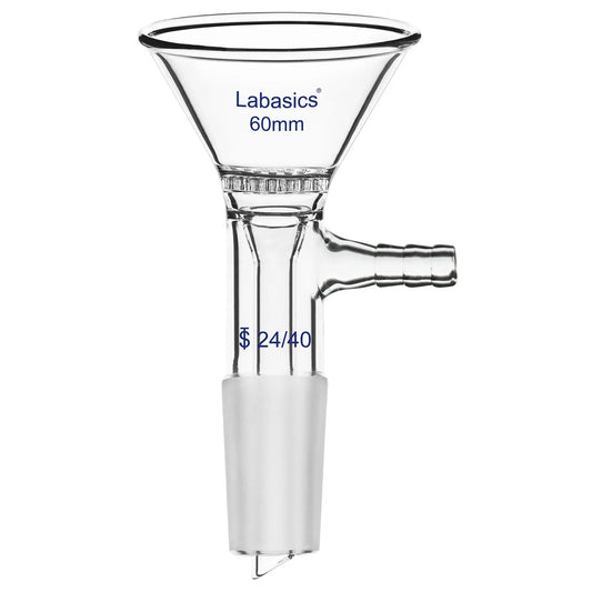 Glass filter funnel, 24/40 joint, hose connector, borosilicate body, triangular design with filter plate