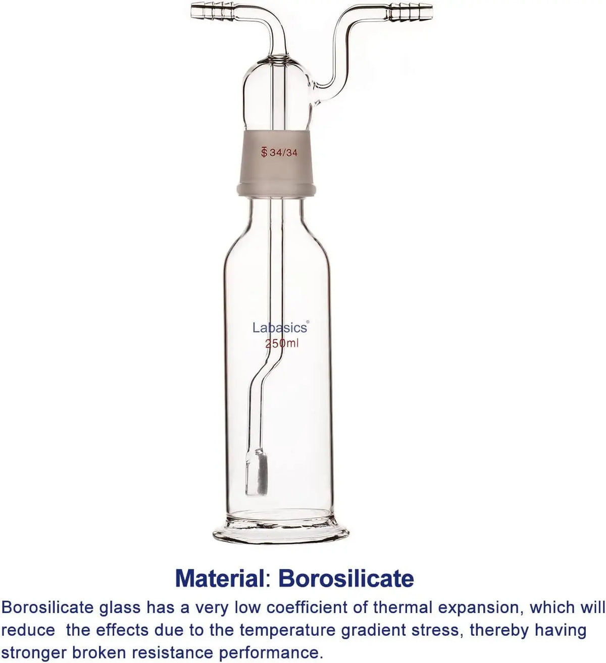 Gas Washing Bottle, Glass 34/34 Stopper Gas Bubbler Gas Washing Bottle with Fritted Disc and 8 mm OD Inlet/Outlet Hoses