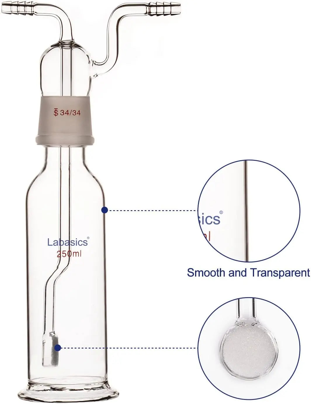 Gas Washing Bottle, Glass 34/34 Stopper Gas Bubbler Gas Washing Bottle with Fritted Disc and 8 mm OD Inlet/Outlet Hoses