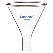 Powder funnel, 75 mm OD, borosilicate glass construction, short stem design, ideal for transferring solid particles into reaction vessels