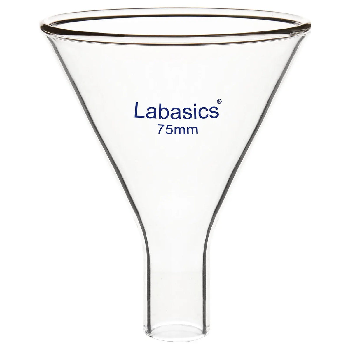 Powder funnel, 75 mm OD, borosilicate glass construction, short stem design, ideal for transferring solid particles into reaction vessels