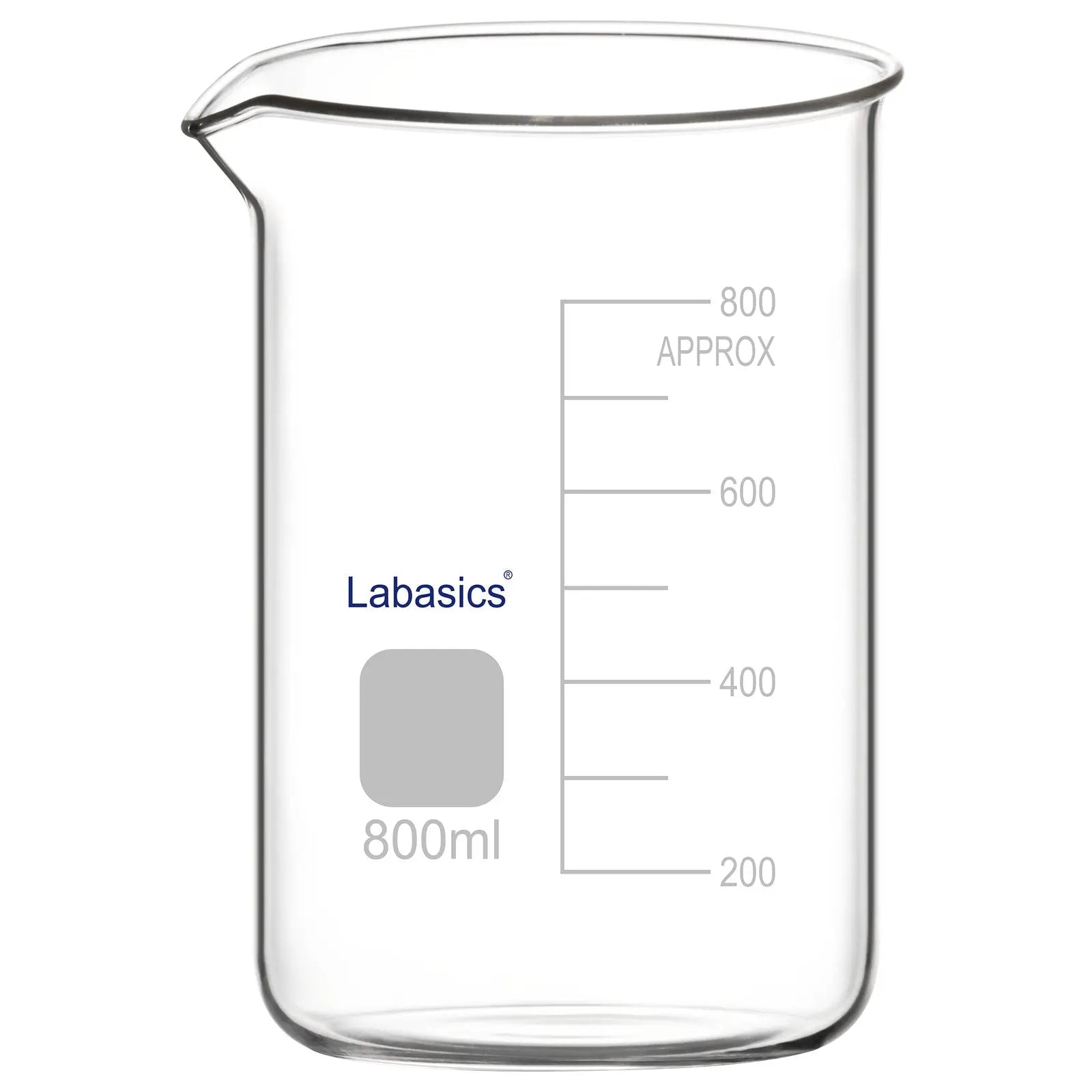 An 800 mL borosilicate glass beaker with a pouring spout, designed for high-volume laboratory use with durable heat-resistant glass and easy liquid pouring control.