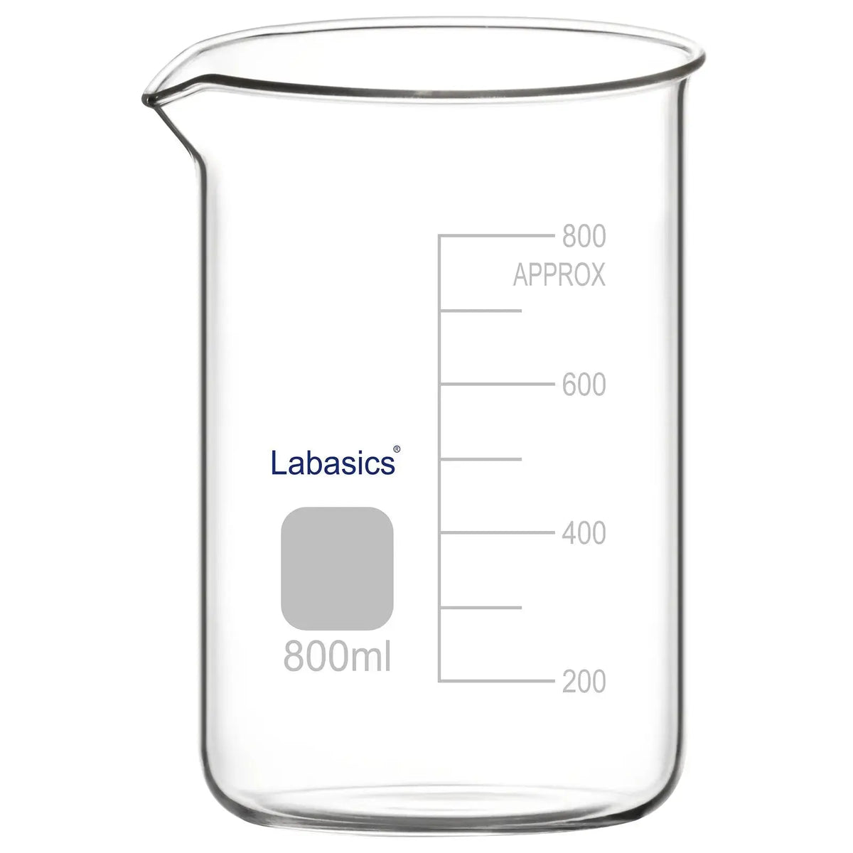 An 800 mL borosilicate glass beaker with a pouring spout, designed for high-volume laboratory use with durable heat-resistant glass and easy liquid pouring control.