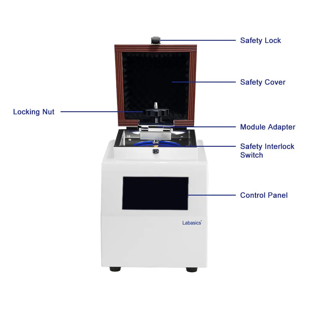 Bead mill homogenizer details showing control interface and grinding chamber