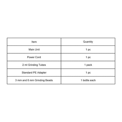 Bead mill homogenizer packing list with included components and accessories