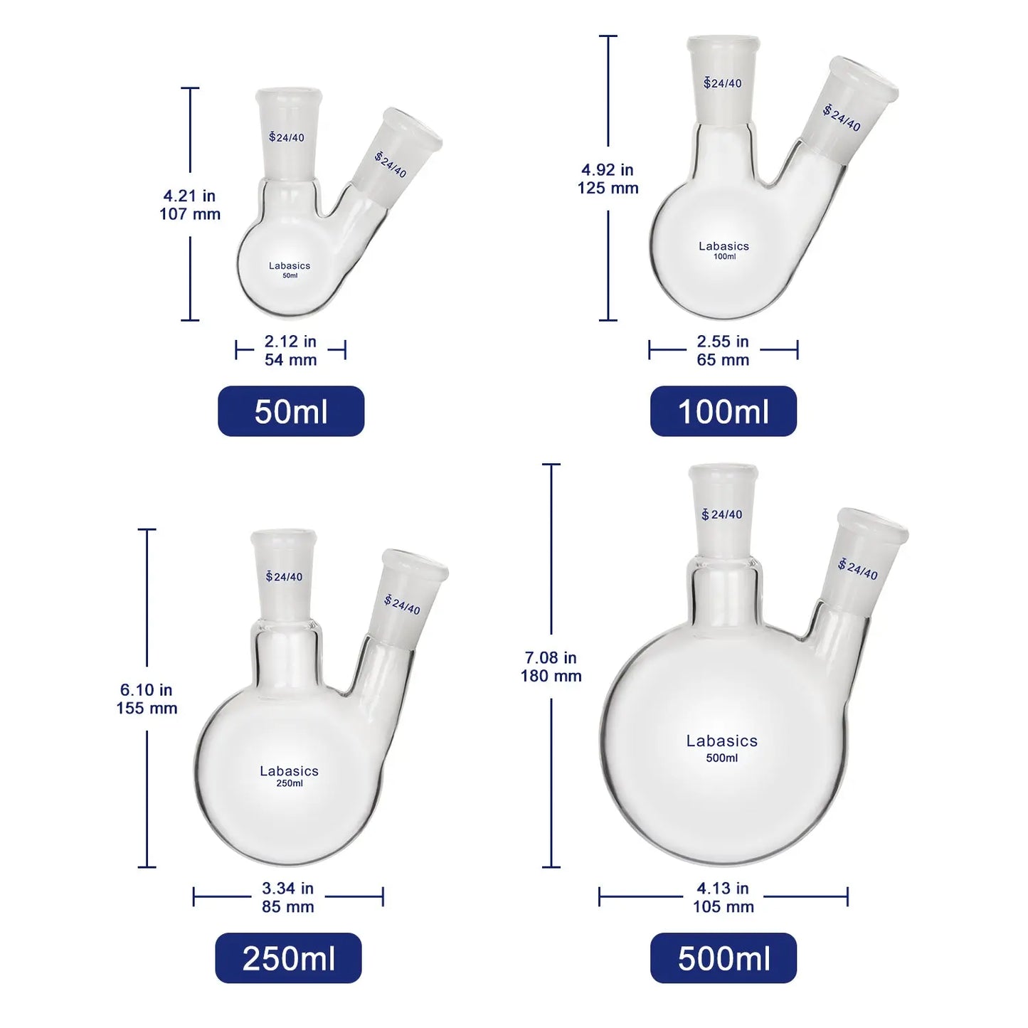 2 Neck Round Bottom Flask, 24/40 Taper Outer Joint, 50-3000 mL Labasics